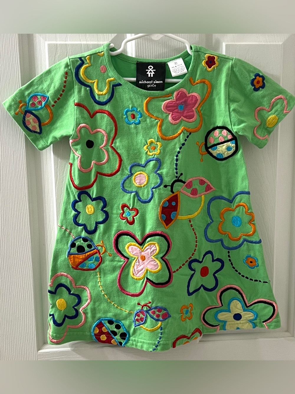 Michael Simon Girls Embroidered Green Colorful Floral Ladybug Cotton Dress Sz 3T